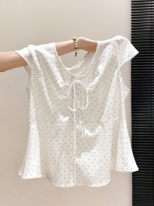 LUOSHAO | Sweet V-Neck Bow-Tie Dotted White Short Sleeve Blouse Loose