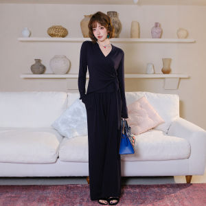 Elegant Vintage Two-piece Set V-neck Waist-accentuated Top with Wide-leg Pants