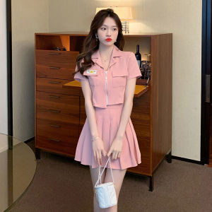 Temperament Youthful-Looking Pink Small Short Sleeve Jacket + Fashion Pleated Skirt Two-piece Set Womens Summer Wear