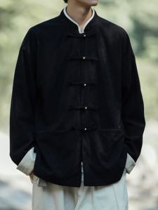 Spring Autumn Mens Stand Collar Jacket Coat New Chinese Style Youth Fashion Long Sleeve Loose Fit Daily Wear Polyester Cotton Blend