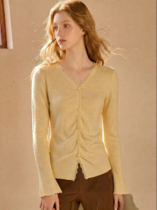Yellow Lace Border V-Neck Wrinkled Waist-Shaping Soft Long-Sleeve Knit Cardigan