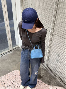 Hand Sewn Denim Blue Bolide Shell Bag Bowling Bag Mini Versatile Commute Genuine Leather Handheld Crossbody Bag