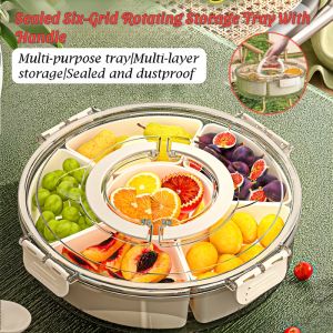 Six-Grid Rotating Storage Tray Transparent Dried Fruit Tray Household Sealed Moisture-Proof Snack Storage Box With Handle