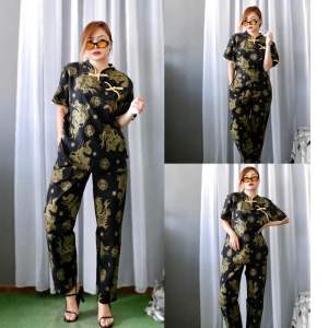 ชุดเซ็ทเสื้อคอจีน+กางเกงเอวสูง ลายมังกรทอง