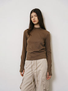 Roaringwild | High Neck Embroidered Waffle Long Sleeve Top