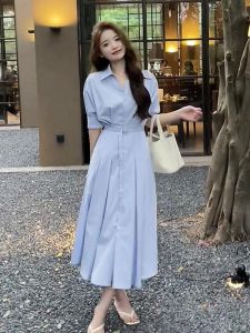 Blue Shirt Dress Elegant Ladylike Small Fragrance Style French Design Summer High Quality Silk Polyester Blend Short Sleeve