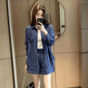 Shalldoer | Elegant Casual 2-piece Set Womens Long Sleeve Shirt and Wide Leg Shorts