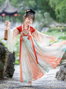 Girls Hanfu Dress Thin Long Sleeve Retro Style Fairy Tale Ruched Skirt Childrens Traditional Chinese Clothing Autumn Fashion