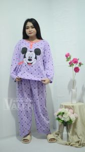 Set Piyama Katun Fleece Motif Kartun untuk Wanita Dewasa Panjang BB 70KG