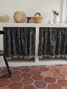 Minimalist Linen Blend Short Curtain Grey Black Available Simple Modern Design With Tassel For Kitchen Cabinet Decoration Cabinet Curtain