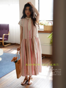 Summer Womens Dress One Ment VI Pink Uneven Stripes Waist-Cinching Vest Long A-Line Cotton Gown Commute Style round Neck
