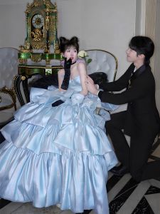 Blue Strapless Evening Gown Princess Style High Waist Ball Gown for Student Graduation Birthday Photography Ultra Fairy Tale