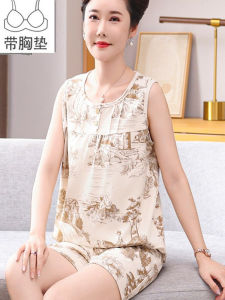 Pure Cotton Summer Sleepwear Womens Sleeveless Vest Shorts Set Thin Cup Chest Pad Home Clothes Floral Print round Neck Pullover