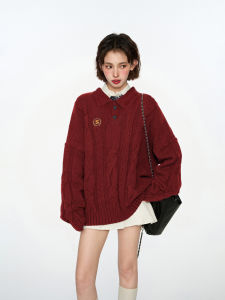 Red Knitted Twisted Sweater Womens Autumn Winter Vintage Polo Collar Pullover Knitwear for New Year 2025 Chinese Zodiac Year