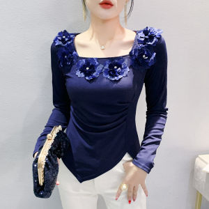 YIMEI เสื้อเบสแขนยาวแบบบางใหม่ตามฤดูกาลเสื้อยืดคอเหลี่ยมดีไซน์ดอกไม้สวยงามและทันสมัยเสื้อสีน้ำเงินเข้มมีจีบ