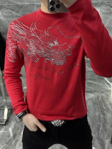 Spring 2025 Mens Slim Fit Casual Long Sleeve Base Shirt New Year Dragon Pattern Embroidered Cotton Polyester Blend Sweatshirt