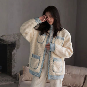 miiow | Cat Person 2025 New Womens Sleepwear Coral Fleece Thickened Warm Home Clothes Set Outdoor Wearable Long Sleeve Zipper Closure