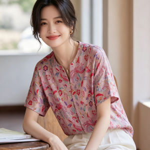 YUEXINYIRONG | Retro Chinese Style V-neck Short Sleeve T-Shirt Breathable