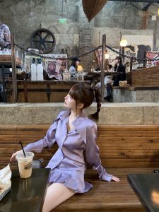 ChicYOU Lux Series Silk Glossy Satin Shirt + Low Waist Pleated Skirt Fashionable Two-Piece Set for Young Women