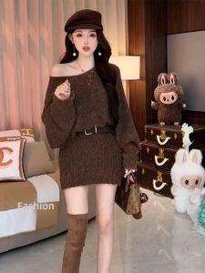 YUEZHONGWEI | French Irregular Brown Off-Shoulder Long Sleeve Knit Dress