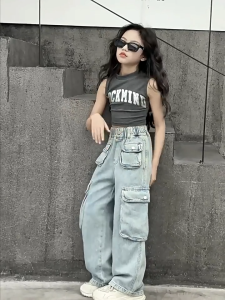 Jeans For Kids Girl 7-15yrs Denim Cargo Pants 4 Pockets Baggy Pants For Kids Girl Casual Style Denim Pants For Kids Girl ootd For Kids Girl