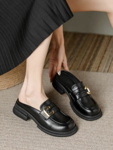 Womens Spring 2025 Mule Shoes Thick Heel Slip-On Loafers Outdoor Wear Half Slippers Comfortable Rubber Sole Smooth Leather