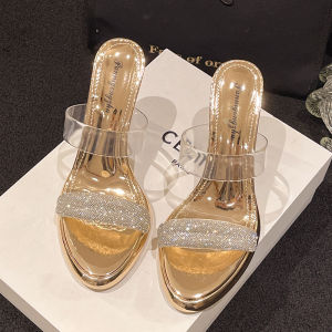 IELGY Clear Crystal Heeled Sandals Womens Summer Fashion Rhinestone Silver Block Heel Platform Sandals