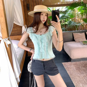 La Chapelle | Unique Beautiful Fitted Lace Trimmed Square Neck Short Sleeve T-Shirt Summer Lightweight