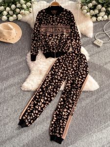 2025 New Korean Loose Slimming Leopard Print Sweater And Fashionable Long Pants Sportswear Set Women Autumn Winter Two-Piece Set