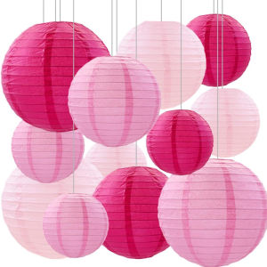 12 ชิ้นโคมไฟกระดาษตกแต่งงานปาร์ตี้ รับปริญญาพิธีซักผ้าเด็กแขวนโคมไฟกระดาษสีชมพูตกแต่งวันเกิดโคมไฟจีนทรงกลม