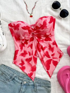 Cropped Top Womens Summer Festival Butterfly Printed Tube Top