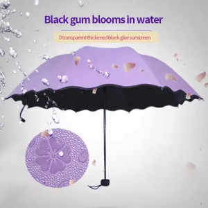Umbrella Encountering Water Flowering 3-Fold Handheld Travel Umbrella UV Protection Portable Rain Umbrella with Parasol Frame