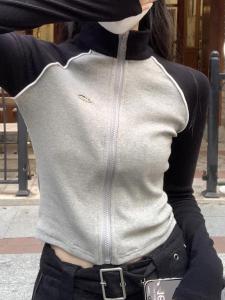 เสื้อคาร์ดิแกนคอตั้งแขนยาวผู้หญิงฤดูใบไม้ร่วงสไตล์เกาหลี ทรงเข้ารูป ซิป แขนยาว คอตั้ง สีบล็อก เสื้อเชิ้ตชั้นใน