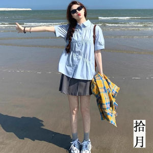 Áo Sơ Mi Nữ Tay Ngắn Màu Xanh Lam Phong Cách Đại Học Mùa Hè 2025 Mới Đa Năng Thiết Kế Gấp Áo Phông Thời Trang