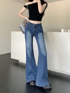 กางเกงยีนส์ทรงหลวมเอวต่ำสไตล์อเมริกันย้อนยุคสำหรับผู้หญิง กางเกงขายาวทรงตรงเอวสูงบางๆ ทรงขากระบอกเล็ก กางเกงขายาวทรงสลิมฟิต