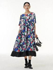 XITAO Print Casual Dress Women Korea Personality Loose O-neck Short Sleeve Mid-calf Dress ZY7552