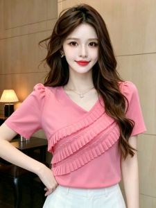 GUZILIAN | Áo Thun Tay Ngắn Ôm Body V-neck Viền Ren Không Đều Thiết Kế Tinh Tế
