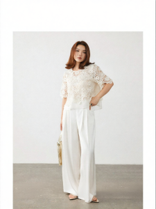 French Luxurious Lace Sequin Embroidery Blouse Satin Wide Leg Pants Set