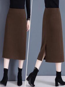 กระโปรงทรงเอเอวสูงผ้าขนสัตว์สำหรับผู้หญิง ฤดูใบไม้ผลิและฤดูใบไม้ร่วง กระโปรงทรงเอยาวปานกลาง กระโปรงทรงเอเอวสูงแบบสวมเดียว