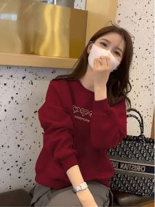 เสื้อสเวตเตอร์คอกลมแขนยาวผ้าฝ้ายแท้บุขนแกะหนาคุณภาพสูงสำหรับผู้หญิง ฤดูใบไม้ร่วง/ฤดูหนาว เสื้อผ้าทำงานสไตล์เกาหลี