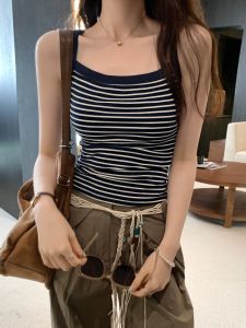 เสื้อกั๊กแขนกุดถักลายทางสีบล็อกสไตล์ย้อนยุคสำหรับผู้หญิง ฤดูร้อน 2025 ทรงสลิมฟิต ทรงเข้ารูป ทรงหลวม ทรงหลวม ทรงหลวม