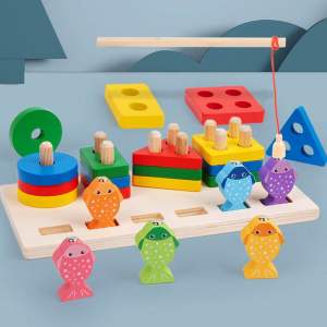 Sorting Stacking & Fishing Toys 2-in-1 Toys Montessori Toys Wooden Magnetic Toddlers Boys Girls Color Recognition 儿童钓鱼游戏