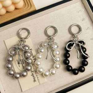 Korean Style Fashionable Silver Butterfly Knot Pearl Bead Mobile Phone Lanyard Keychain Earphone Bag Pendant Creative Gift