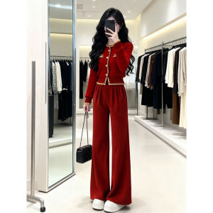 NUANPING | Youthful Red Knit Sweater and Velvet Wide Leg Pants Set