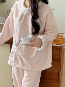 New 2024 Thickened Flannel Pajamas Womens Home Clothes Chinese Style Coral Wind Long Sleeve Long Pants round Neck Sleepwear