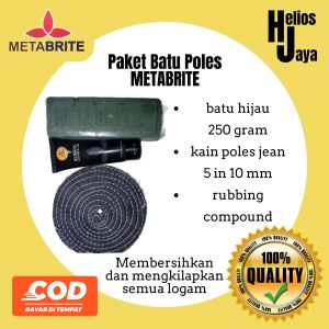 paket 5JKOMH250 metabrite Batu hijau 250 gram langsol Dan meetabrite rubbing compound Dan kain poles jean 5 in 10 mm