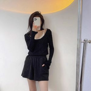 HUOLISI | Seductive Faux Two-Piece Knit Sweater Off-Shoulder Long Sleeve Blue