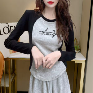 American Style Long Sleeve T-Shirt Womens Slim Fit Retro Spring Autumn New Style Printed Splice Commute Korean Style Top