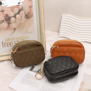 New stylish quilted design double zipper compact coin purse card holder can hang keys multiple colors easy to carry