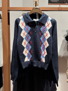 Spring New Retro Intellectual College Style Knitted Polo Top Diamond Pattern Womens Fashion Long Sleeve Polyester Fiber